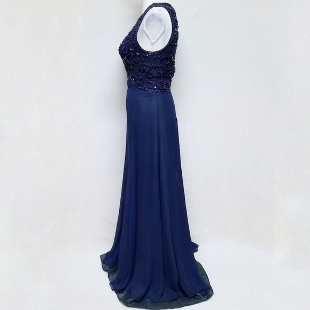 Rare Vintage 70s Blue Silk Chiffon Beaded Sequin High Neck Sleeveless Maxi Dress - Picture 7 of 14